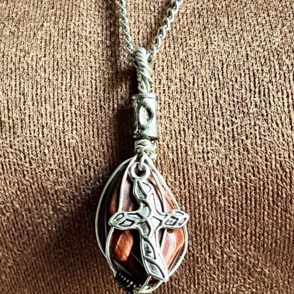 Red Tigers Eye Silver Tone Wire Wrapped Cross Pendant Necklace 24 Inch Witchy